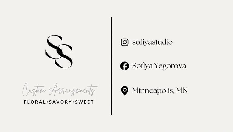 Custom floral design business card for Sofiya Yegorova with logo, Instagram handle, and Minneapolis location
