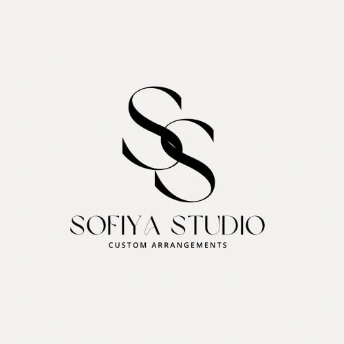 Sofiya Studio logo featuring stylized interlocking S letters with Custom Arrangements tagline on beige background