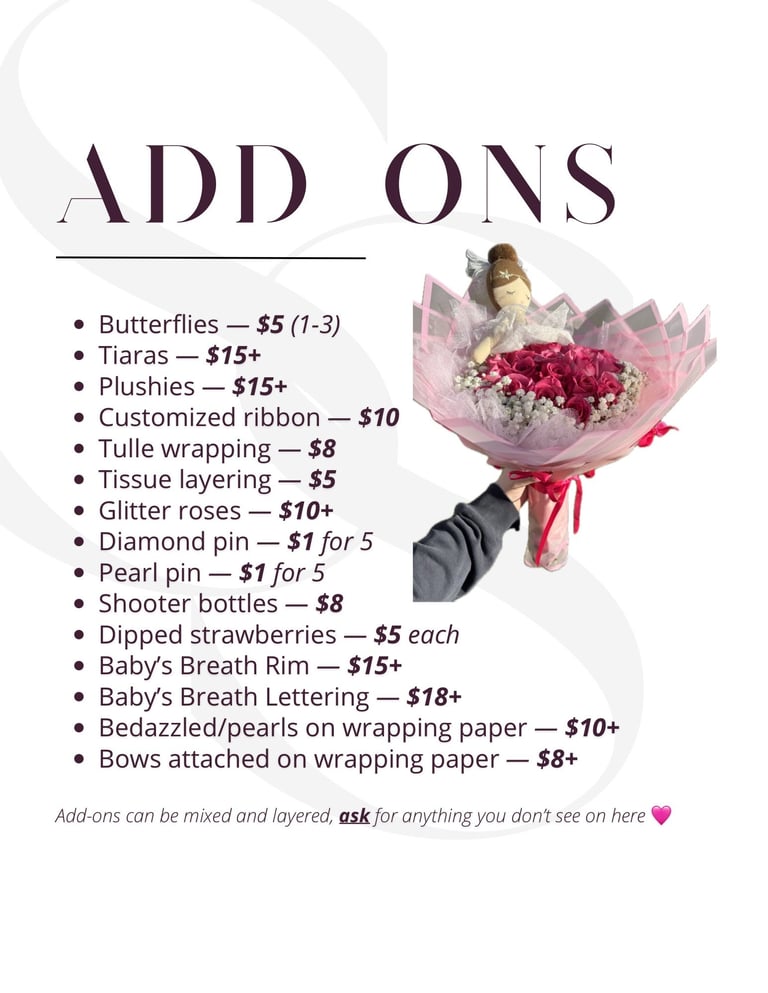 Add-ons menu listing floral arrangement upgrades with prices, including butterflies, tiaras, plushies, ribbon, and wrapping options