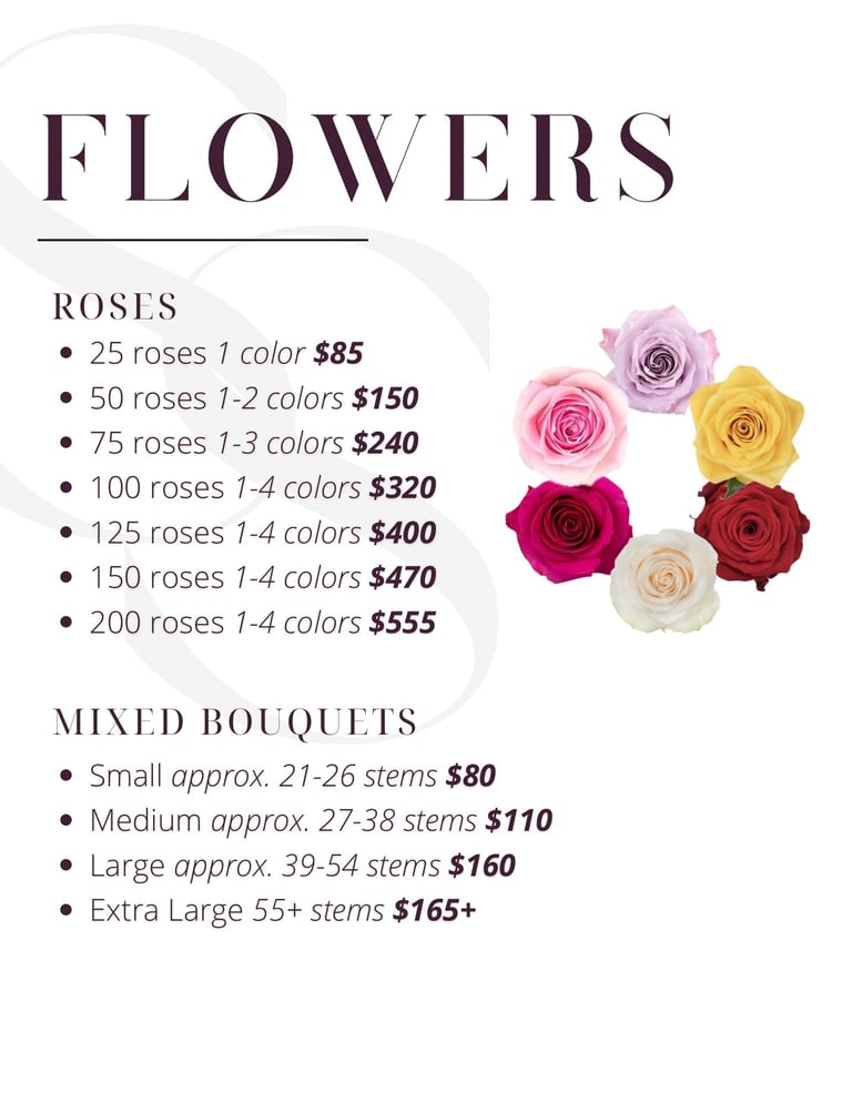 Florist price menu showing rose arrangements and mixed bouquets with flower colors and pricing options