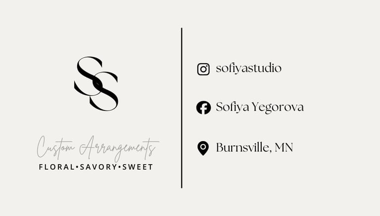 Business card for Sofiyas custom floral arrangements studio in Burnsville, MN with logo, name, and social media contact information