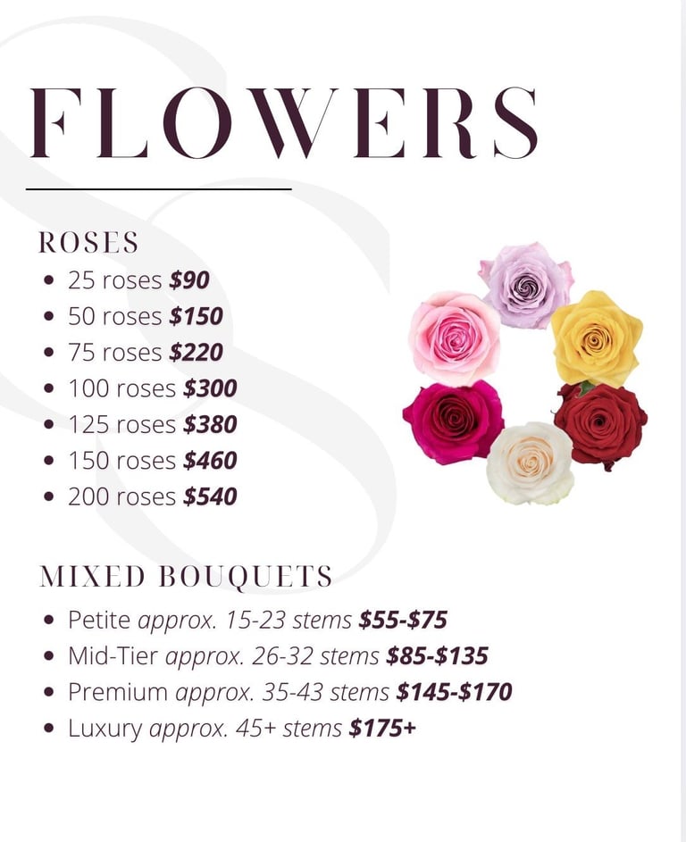 Flowers price menu listing rose quantities from 25-200 stems and mixed bouquets with colorful rose examples displayed