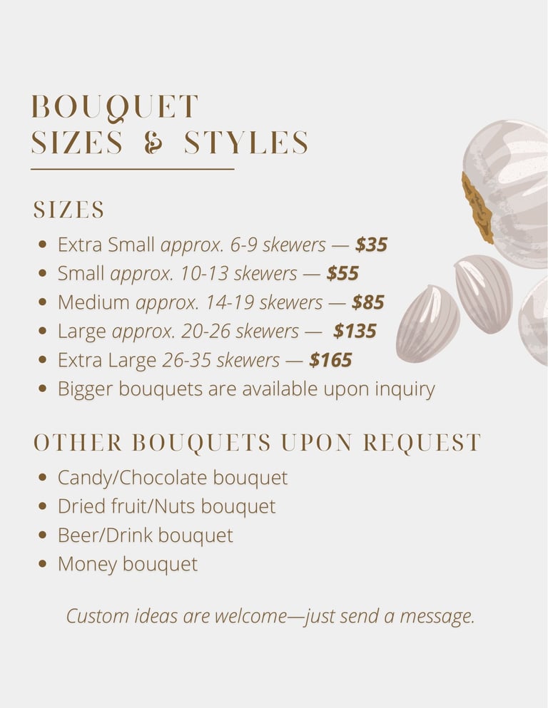 Bouquet sizes and styles pricing menu with size options ranging from $35-$165 and custom bouquet options available