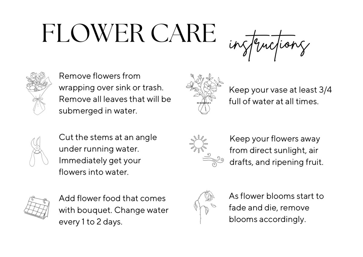 Flower care instructions showing six steps including removing wrapping, cutting stems, adding flower food, keeping vase full, avoiding sunlight, and removing faded blooms