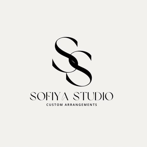 Sofiya Studio logo featuring interlocking S letterforms with custom arrangements text below on beige background