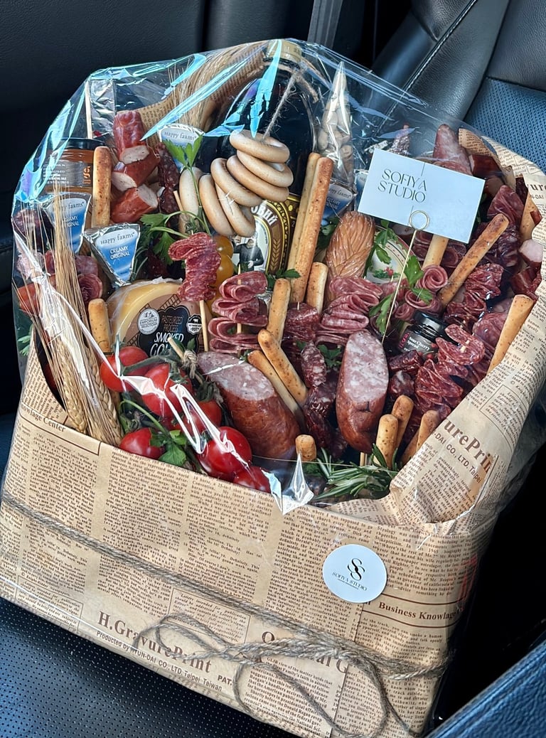 A wrapped charcuterie gift basket containing cured meats, cheeses, breadsticks, and fresh vegetables, resting on a car seat
